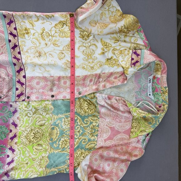 Zara blouse women small multicolor pastel satin feel trumpet long sleeve pink - Picture 11 of 12